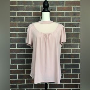 Adrienne Vittadini Pink Mock Turtleneck Mesh Flutter Sleeve Bling detail Top XL